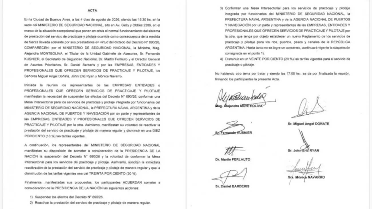 Acta acuerdo entre el Gobierno y el sindicato de los prácticos marítimos.